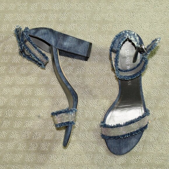 Stuart Weitzman Denim and Bling Fabric Chunky Strappy 3" Heel Women's Size 7.5M - Picture 1 of 6